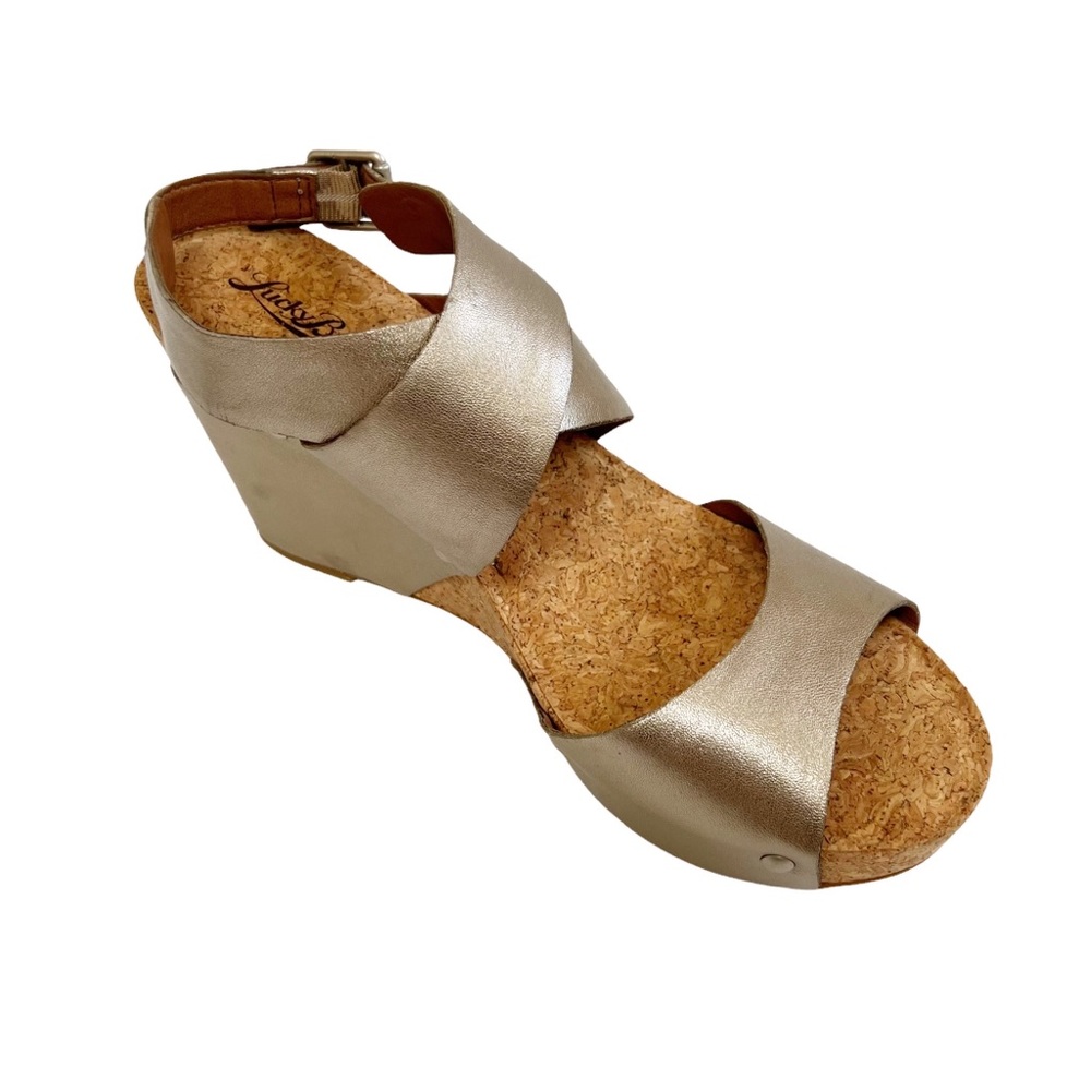 Lucky Brand Moran Cork Wedge Sandals 9.5M Strappy Bronze Shoes Womens